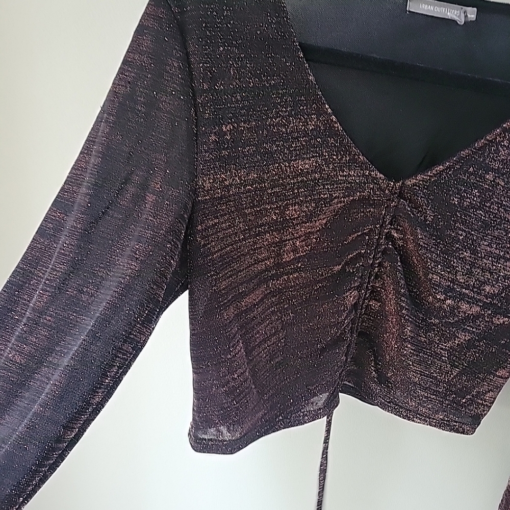 Urban Outfitters Y2k Vneck Sparkle Striped Metallic Tie Front Long Sleeve Top L - Picture 9 of 9